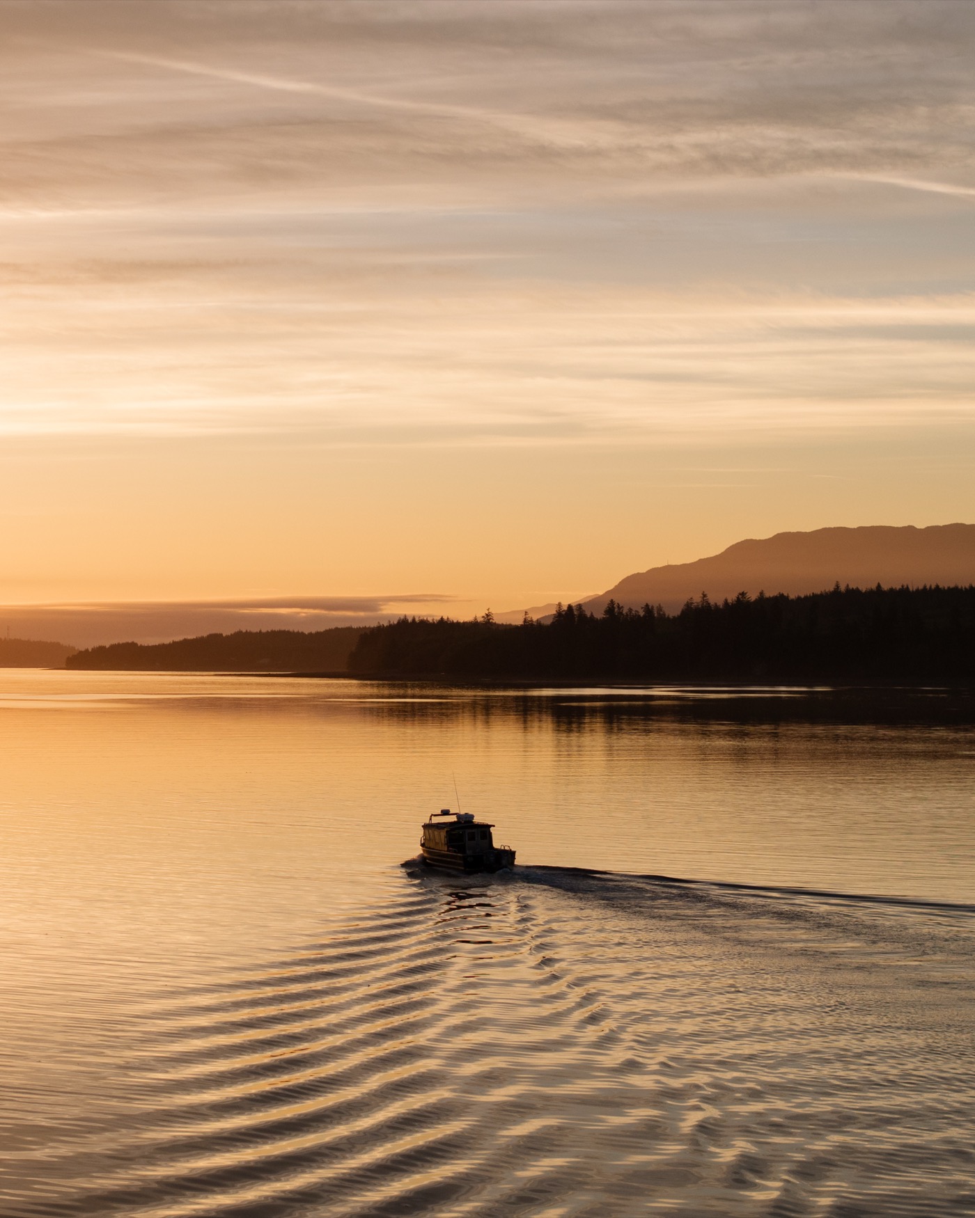 Aerial view of Sea Wolf vessel on golden-lit Northern Vancouver Island waters, remote wilderness lodge Canada